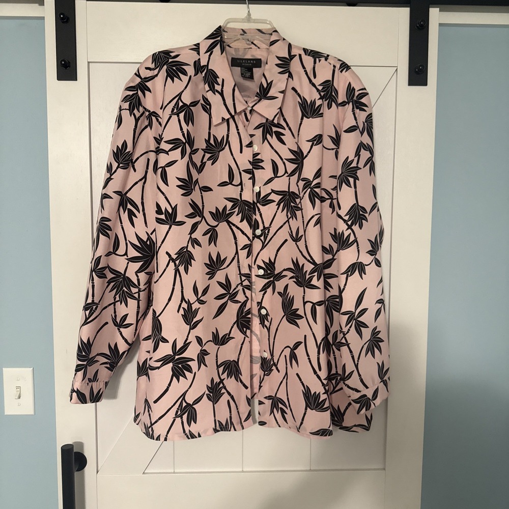 Silkland Womens 100% Silk Hawaiian Shirt Pink Tropical Vacation Size 3X‎